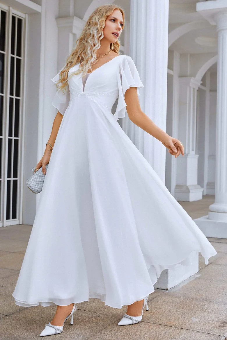 Lumidress Elegant White Chiffon V-Neck A-Line Maxi Dress with Flare Sl