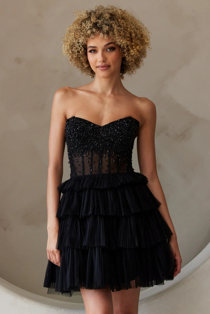 Lumidress Off-Shoulder Sleeveless Beaded Corset Tiered Tulle Cocktail Dress