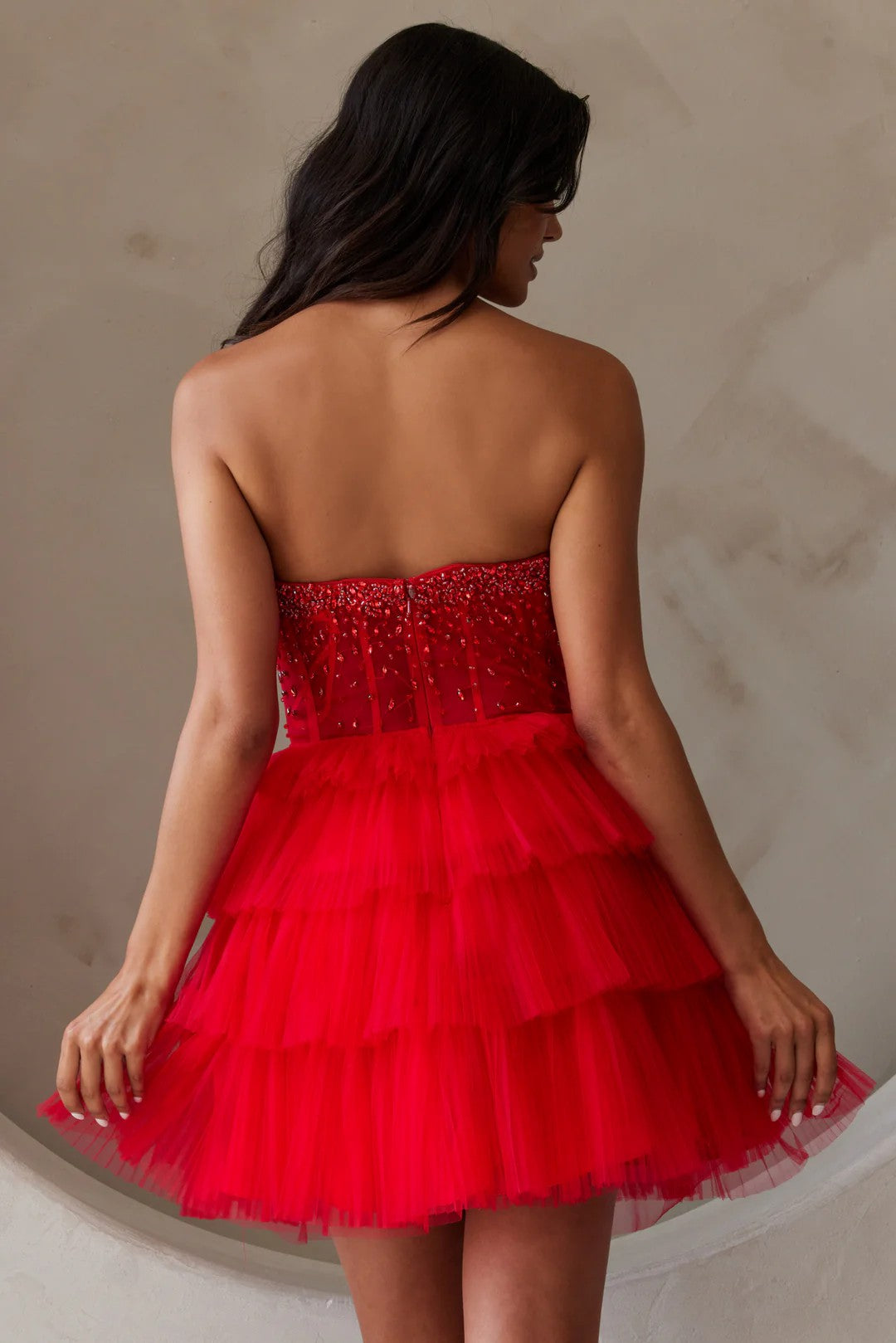 Lumidress Off-Shoulder Sleeveless Beaded Corset Tiered Tulle Cocktail Dress