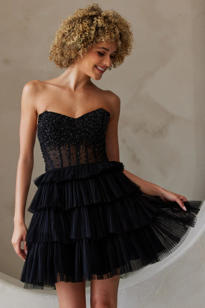 Lumidress Off-Shoulder Sleeveless Beaded Corset Tiered Tulle Cocktail Dress