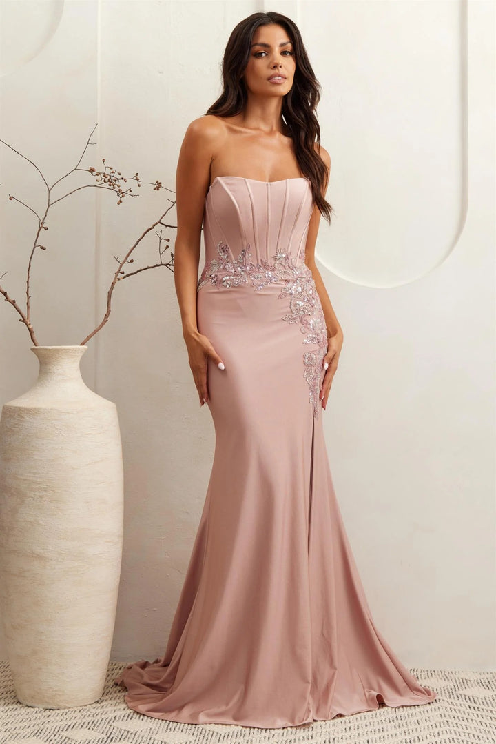 Lumidress Strapless Bead Embellished Corset Mermaid Slit Gown