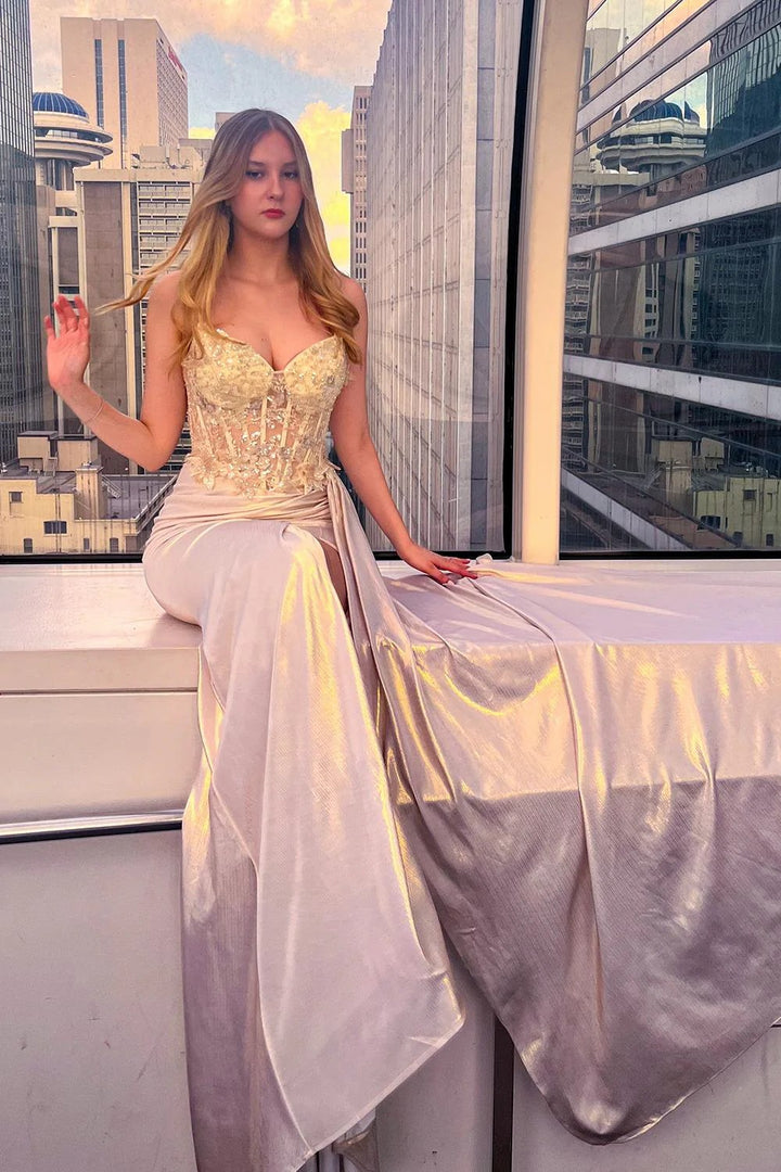 Lumidress Sheath/Column Satin Strapless Slit Formal Gown