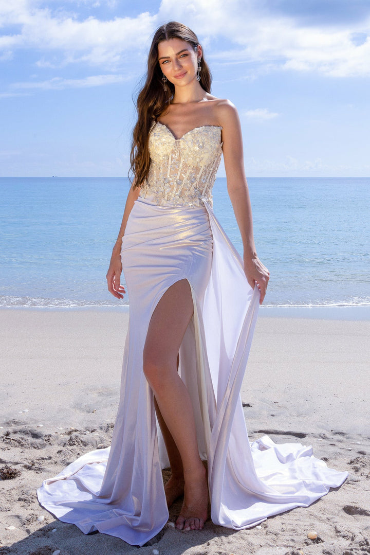 Lumidress Sheath/Column Satin Strapless Slit Formal Gown