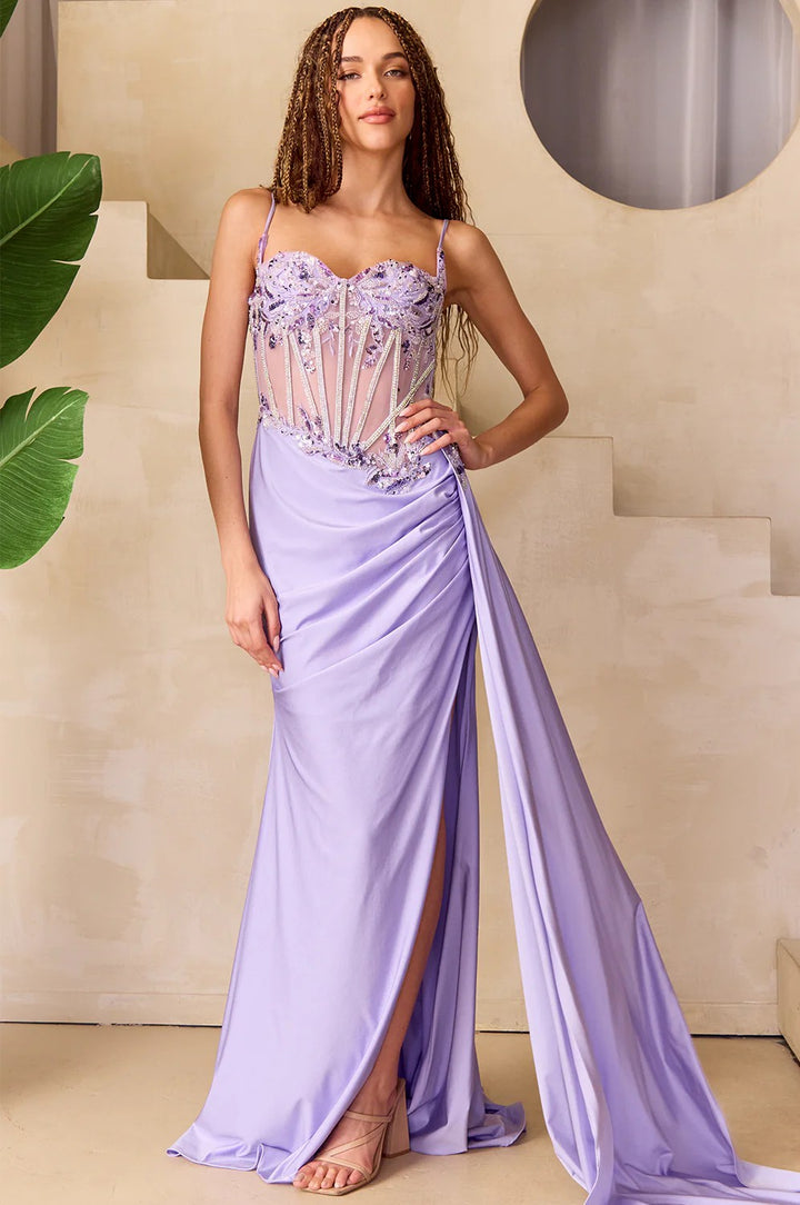 Lumidress Sleeveless Illusion Sweetheart Beaded Corset Slit Gown