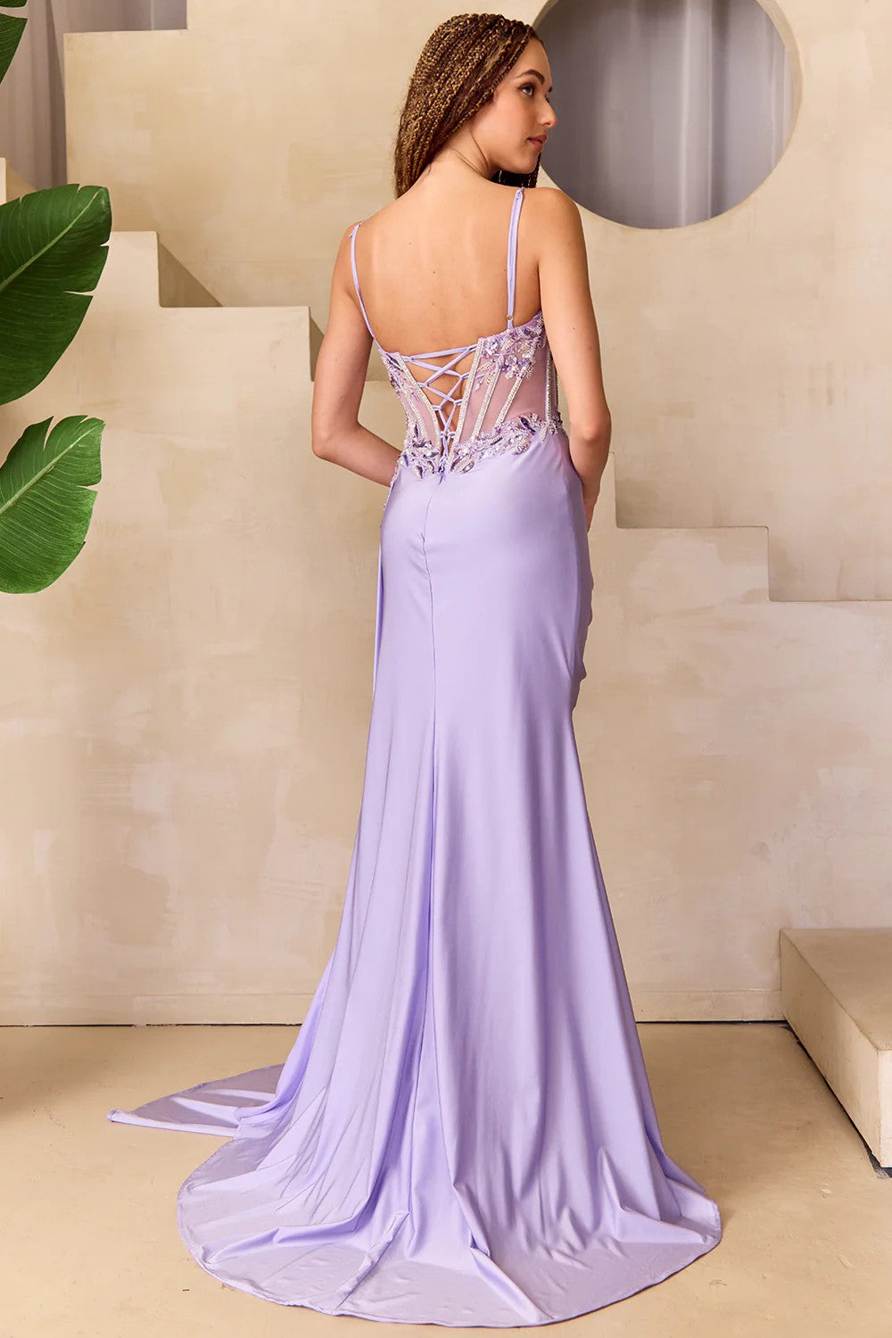 Lumidress Sleeveless Illusion Sweetheart Beaded Corset Slit Gown