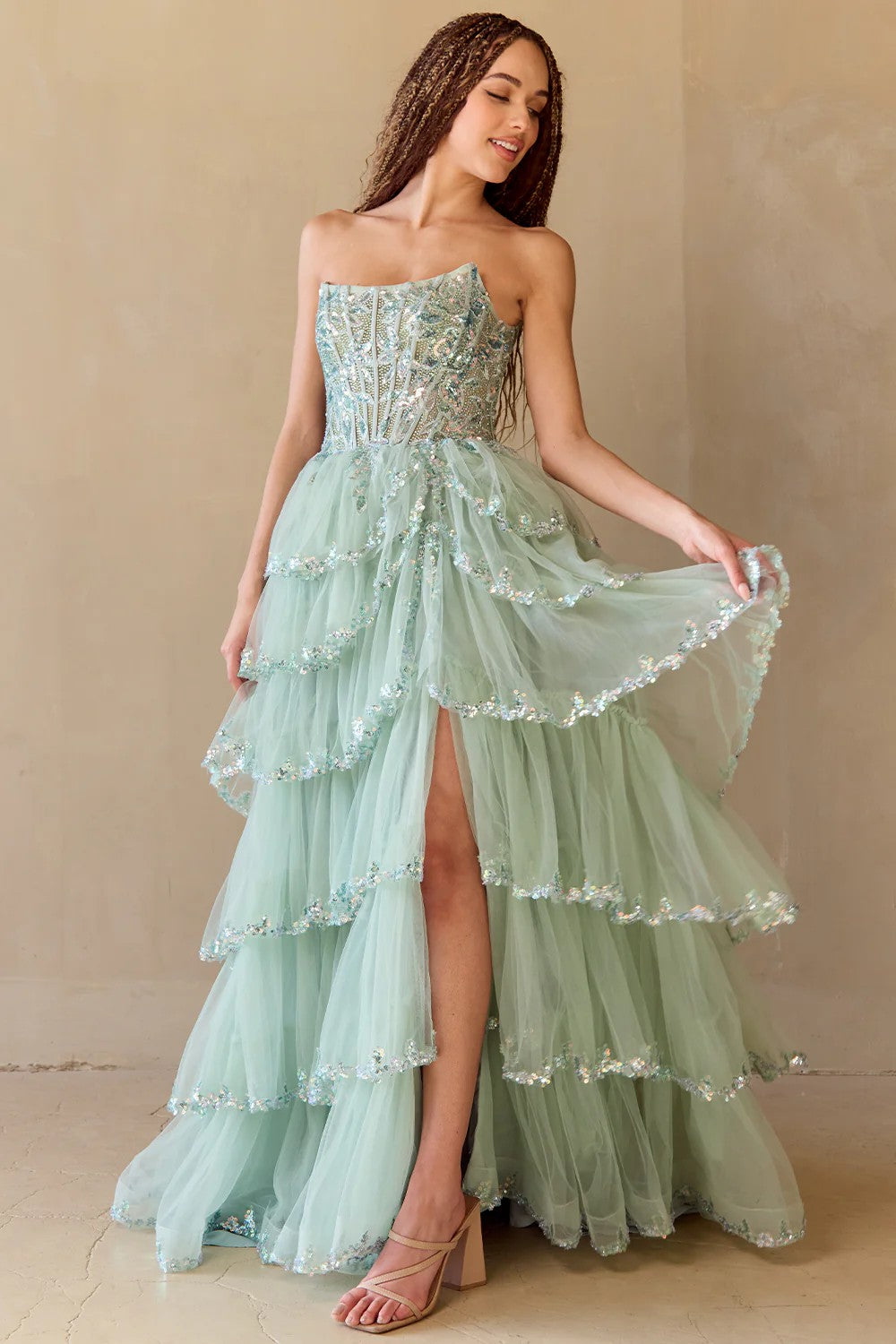 Lumidress Off-Shoulder Sequin Layered Slit A-Line Tulle Dress