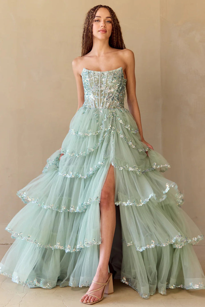 Lumidress Off-Shoulder Sequin Layered Slit A-Line Tulle Dress