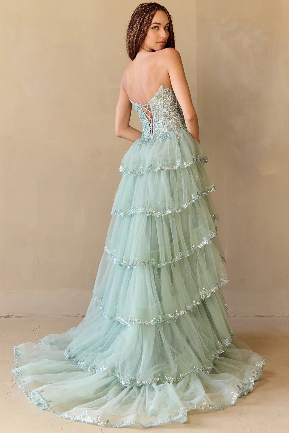 Lumidress Off-Shoulder Sequin Layered Slit A-Line Tulle Dress
