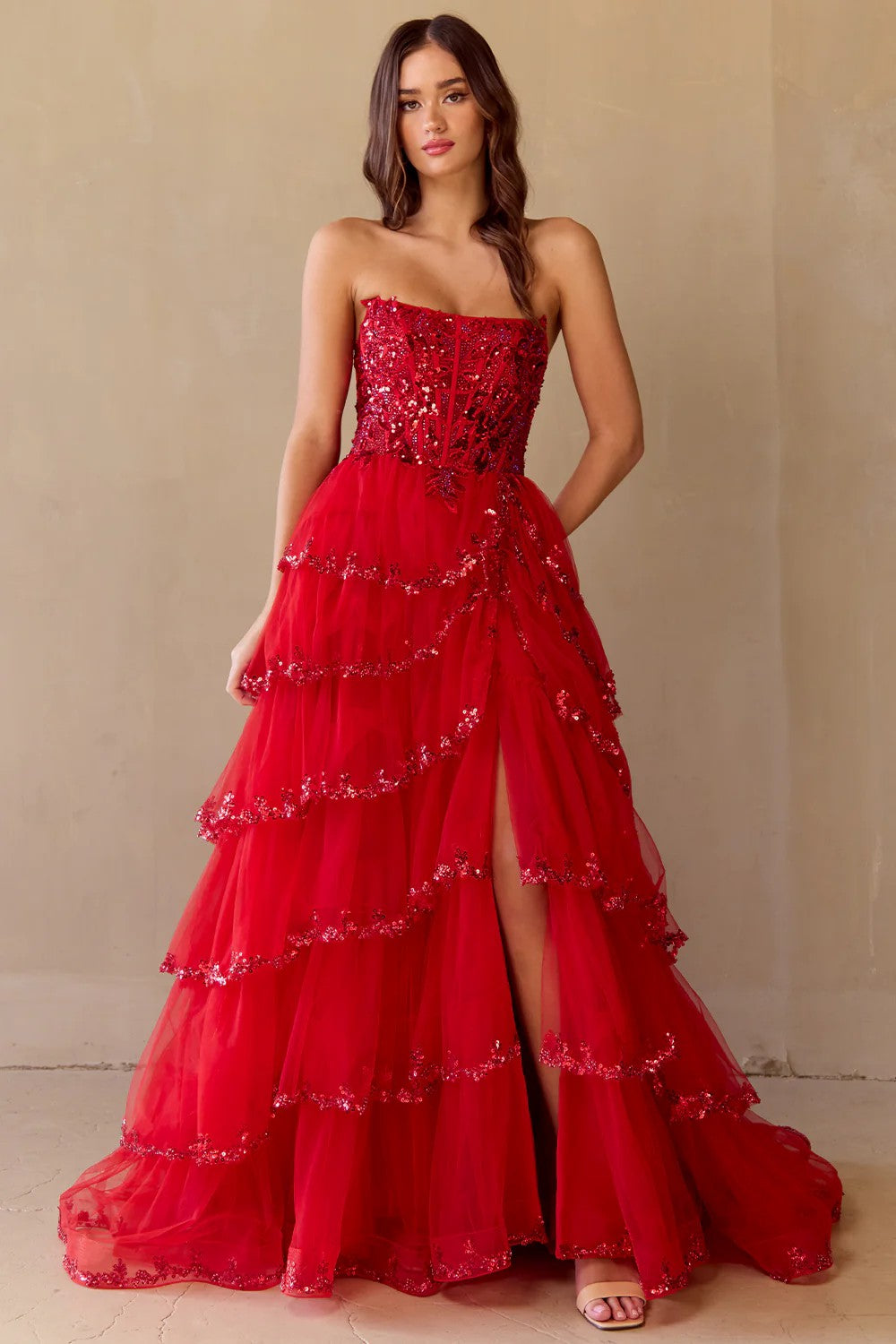 Lumidress Off-Shoulder Sequin Layered Slit A-Line Tulle Dress