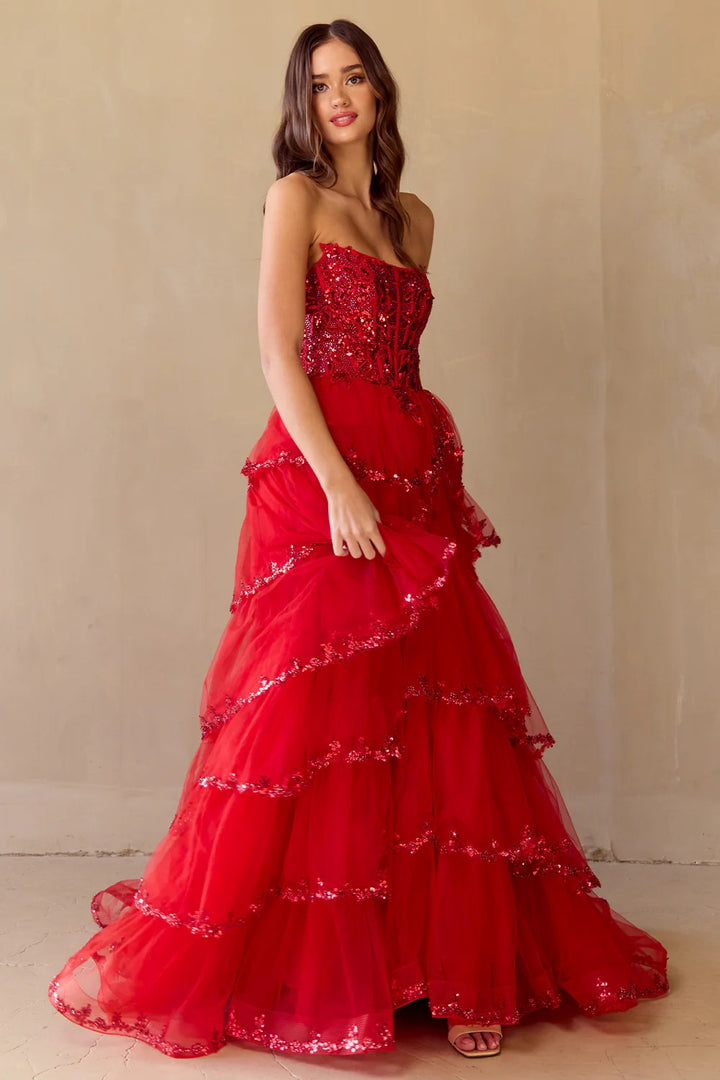Lumidress Off-Shoulder Sequin Layered Slit A-Line Tulle Dress