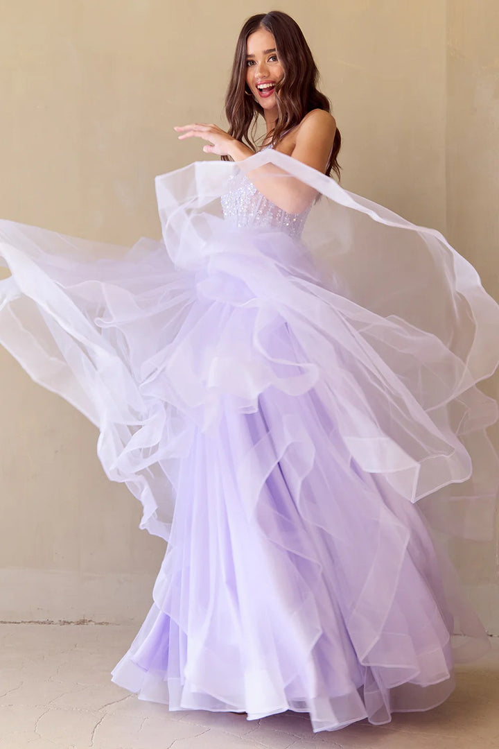 Lumidress Exquisite Off-Shoulder V-Neck Layered Tulle Gown
