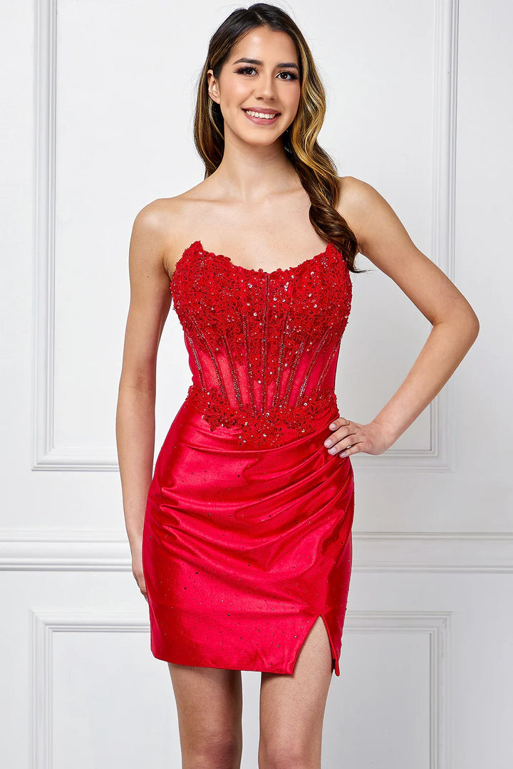Lumidress Red Applique Strapless Illusion Scoop Neck Short Dress