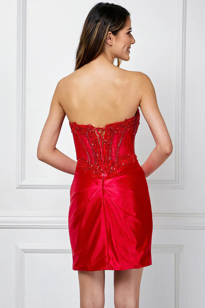 Lumidress Red Applique Strapless Illusion Scoop Neck Short Dress