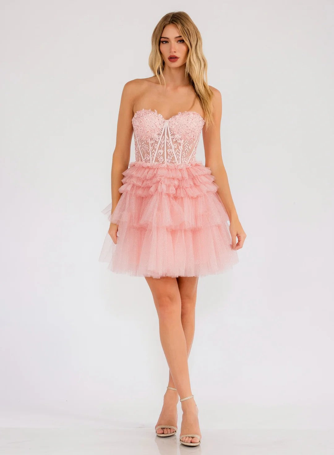 Lumidress Off-Shoulder Lace Appliques A-Line Glitter Tiered Tulle Dress