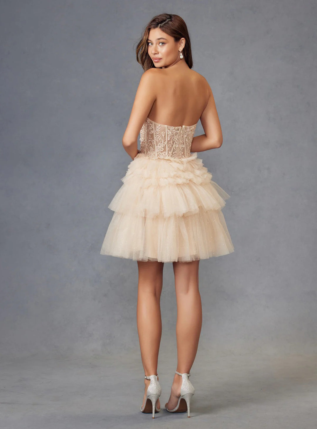 Lumidress Off-Shoulder Lace Appliques A-Line Glitter Tiered Tulle Dress