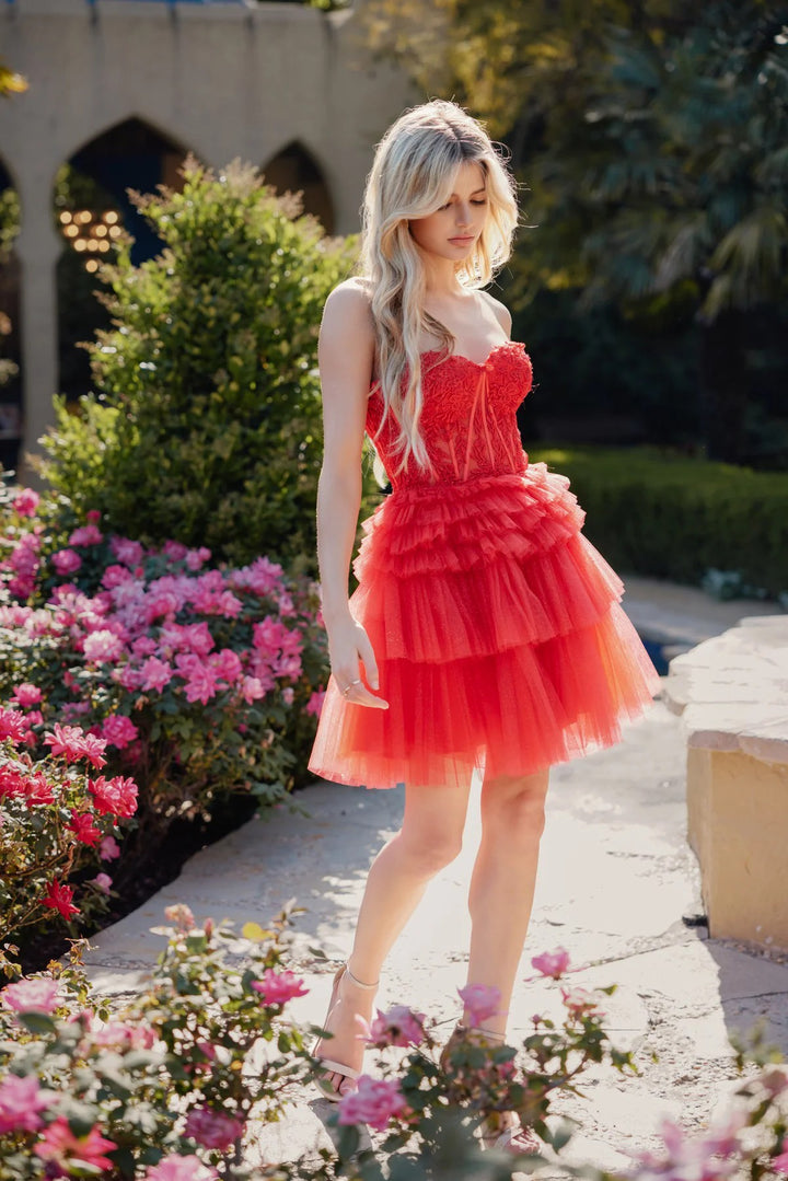 Lumidress Off-Shoulder Lace Appliques A-Line Glitter Tiered Tulle Dress