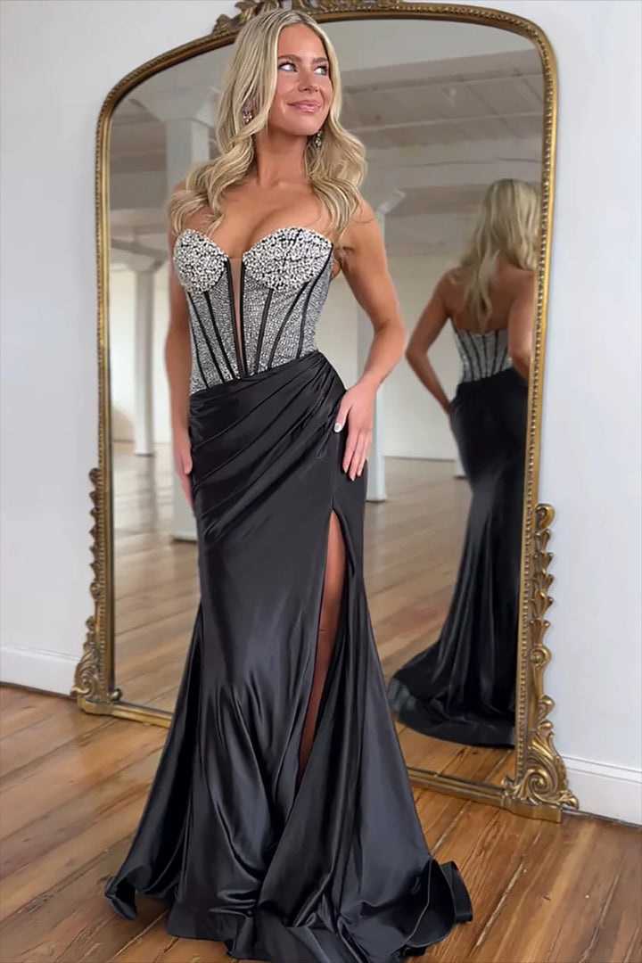 Lumidress Sweetheart Beaded Satin Mermaid Prom Dress with High Slit