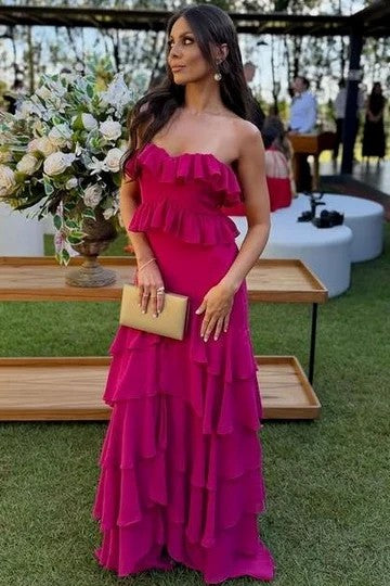 Lumidress Romantic Blush Strapless Tiered Chiffon Mermaid Prom Dress
