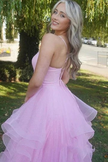 Lumidress Sparkling Lavender V-Neck Tiered Tulle Strappy Long Prom Dress