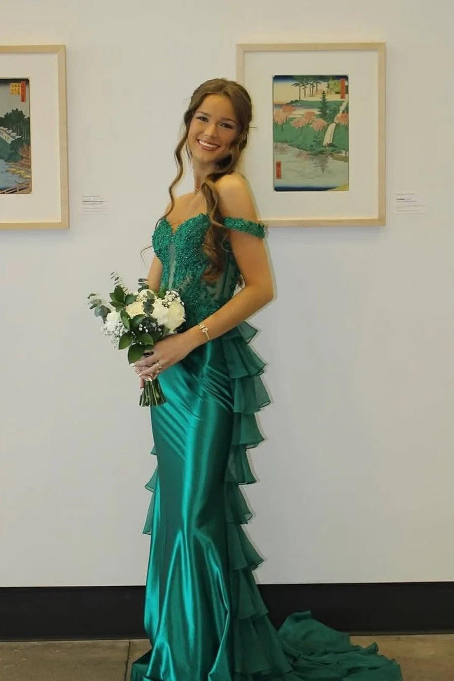 Lumidress Emerald Off-the-Shoulder Mermaid Prom Dress with Beaded Lace and Cascading Ruffles