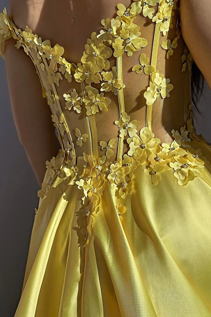 Lumidress Yellow Satin A-Line Off-the-Shoulder Prom Dress with 3D Floral Details