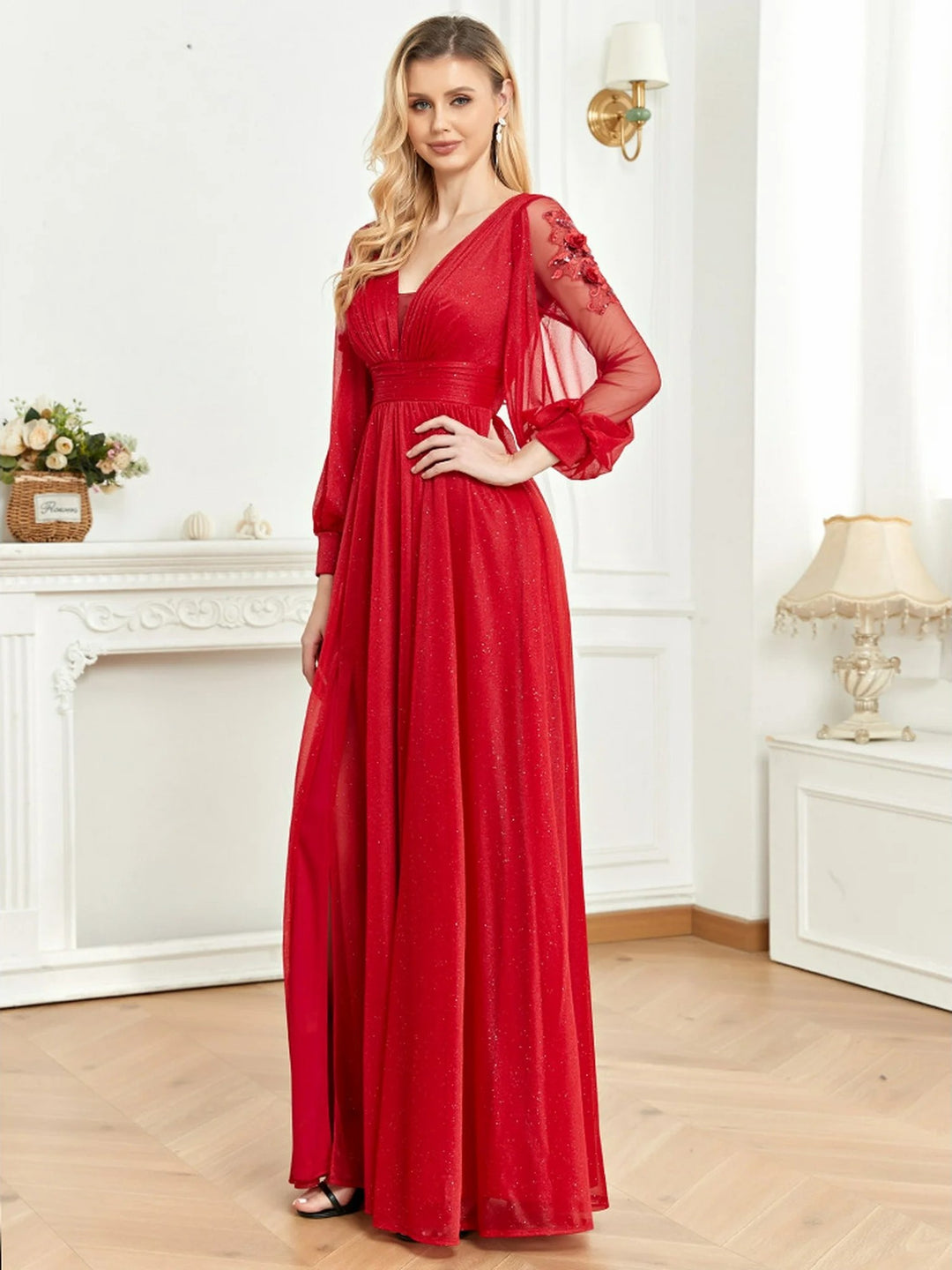 Lumidress Red Long-Sleeved V-Neck Banquet Dress Spotlight Evening Dress