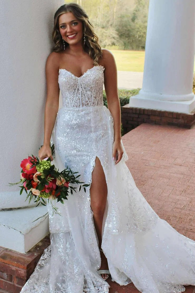 Lumidress Elegant White Sequin Lace Strapless A-Line Long Dress with Tiered Ruffles
