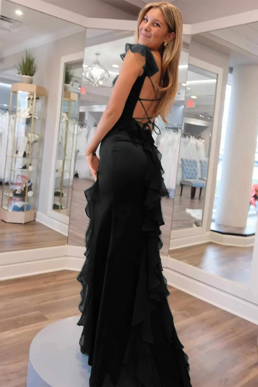 Lumidress Elegant Pink Satin Ruffle Strap Evening Dress with Slit