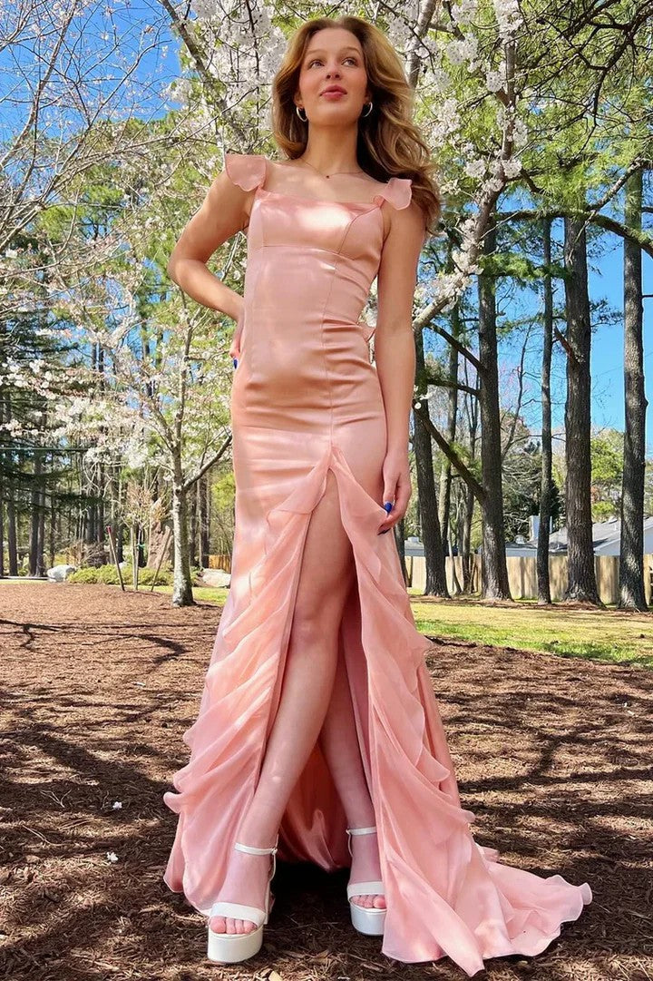 Lumidress Elegant Pink Satin Ruffle Strap Evening Dress with Slit