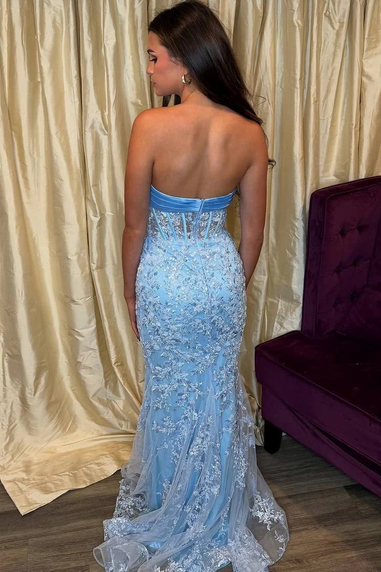 Lumidress Elegant Strapless Light Blue Lace Mermaid Gown with Bow Detail