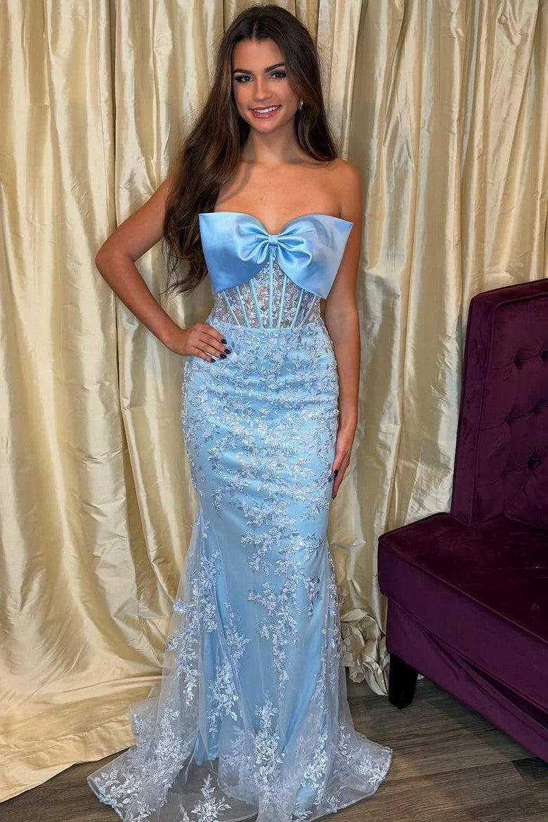 Lumidress Elegant Strapless Light Blue Lace Mermaid Gown with Bow Detail