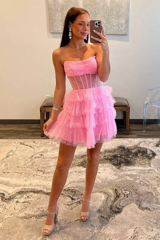 Lumidress Charming Pink Strapless Tiered Tulle Short Party Dress