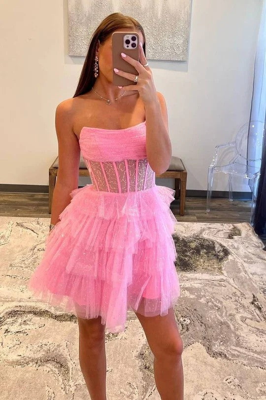 Lumidress Charming Pink Strapless Tiered Tulle Short Party Dress