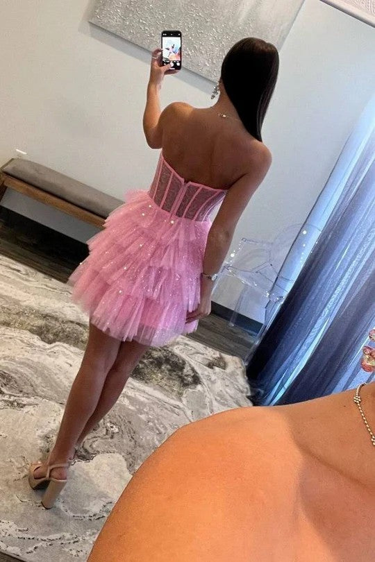 Lumidress Charming Pink Strapless Tiered Tulle Short Party Dress
