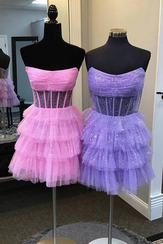 Lumidress Charming Pink Strapless Tiered Tulle Short Party Dress