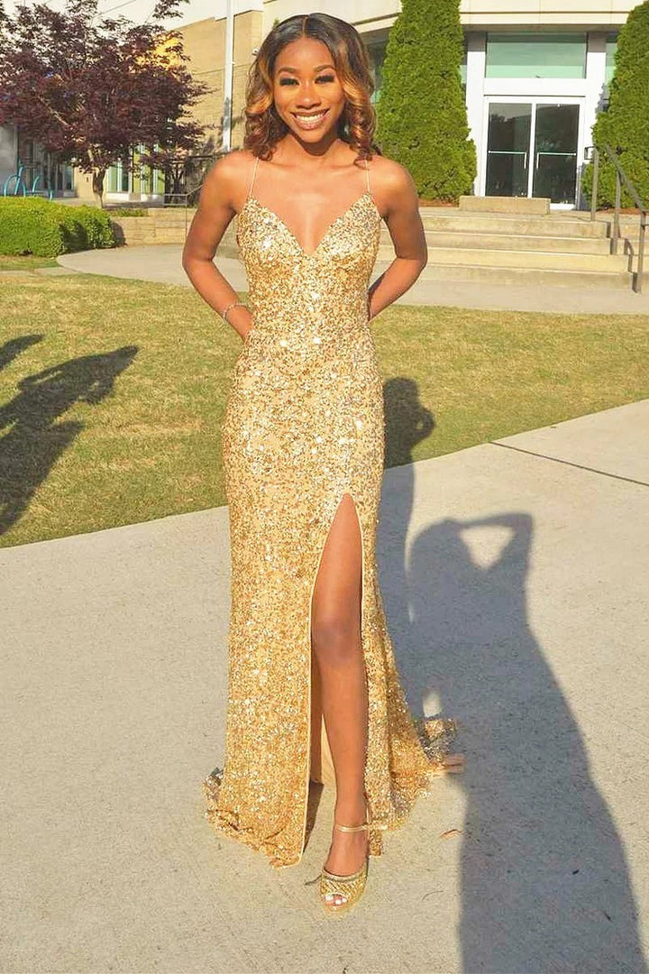 Lumidress Glamorous Spaghetti Straps V-Neck Sequin Sheath Evening Gown with Slit