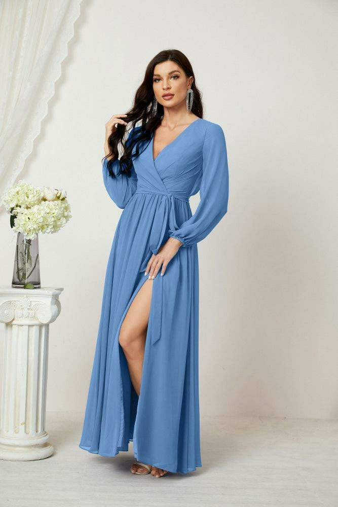 Lumidress Deep V-Neck Chiffon Evening Dress with Bishop Sleeves &amp; Side Slit