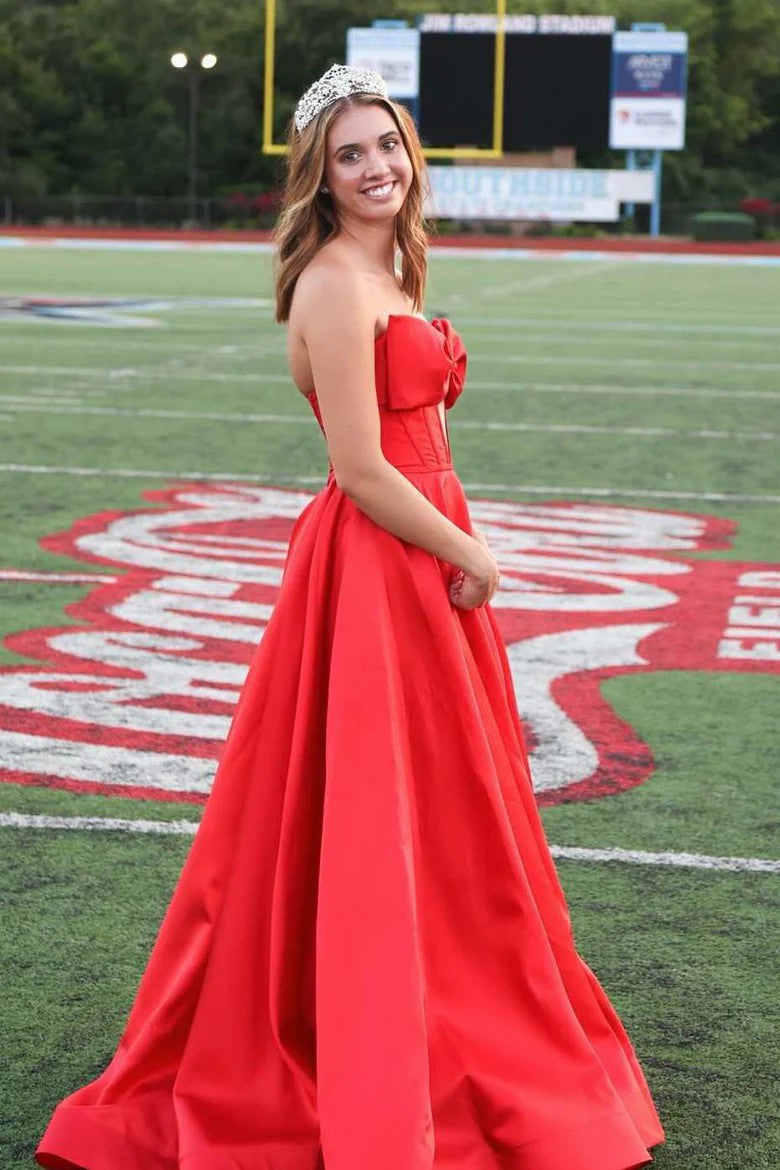 Lumidress Stunning Red Strapless Bow Front Satin A-Line Prom Dress with Slit