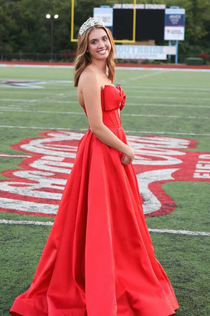 Lumidress Stunning Red Strapless Bow Front Satin A-Line Prom Dress with Slit