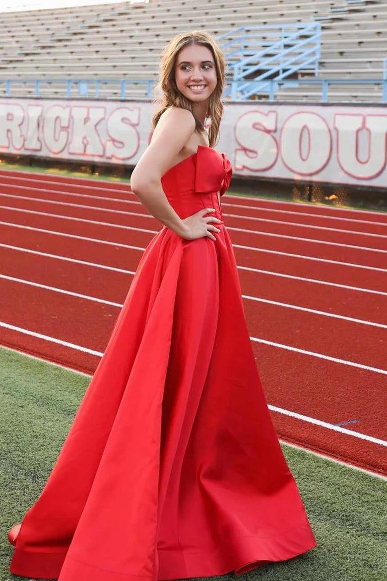 Lumidress Stunning Red Strapless Bow Front Satin A-Line Prom Dress with Slit