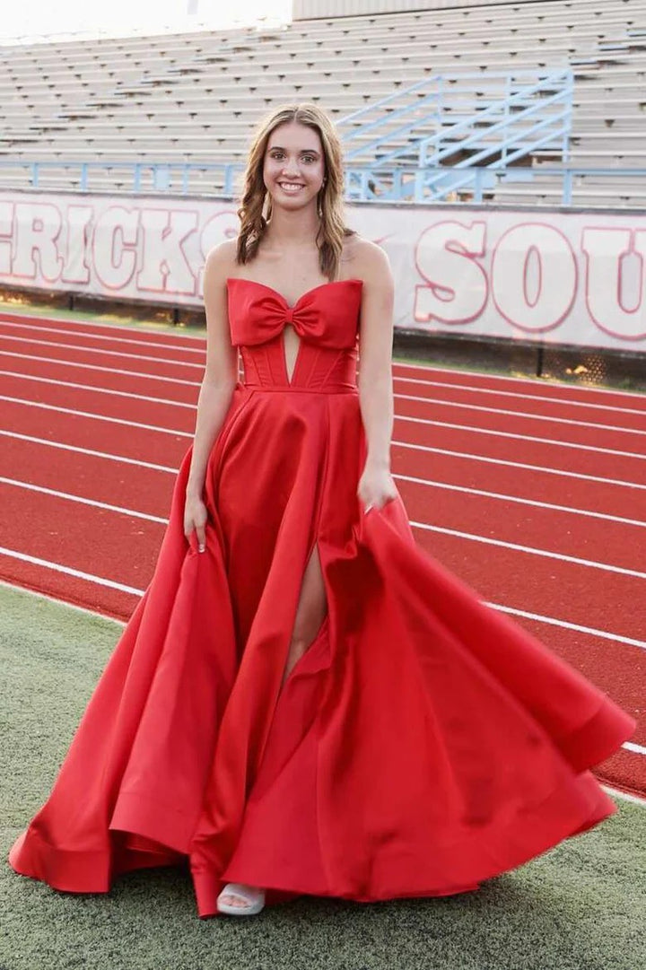 Lumidress Stunning Red Strapless Bow Front Satin A-Line Prom Dress with Slit