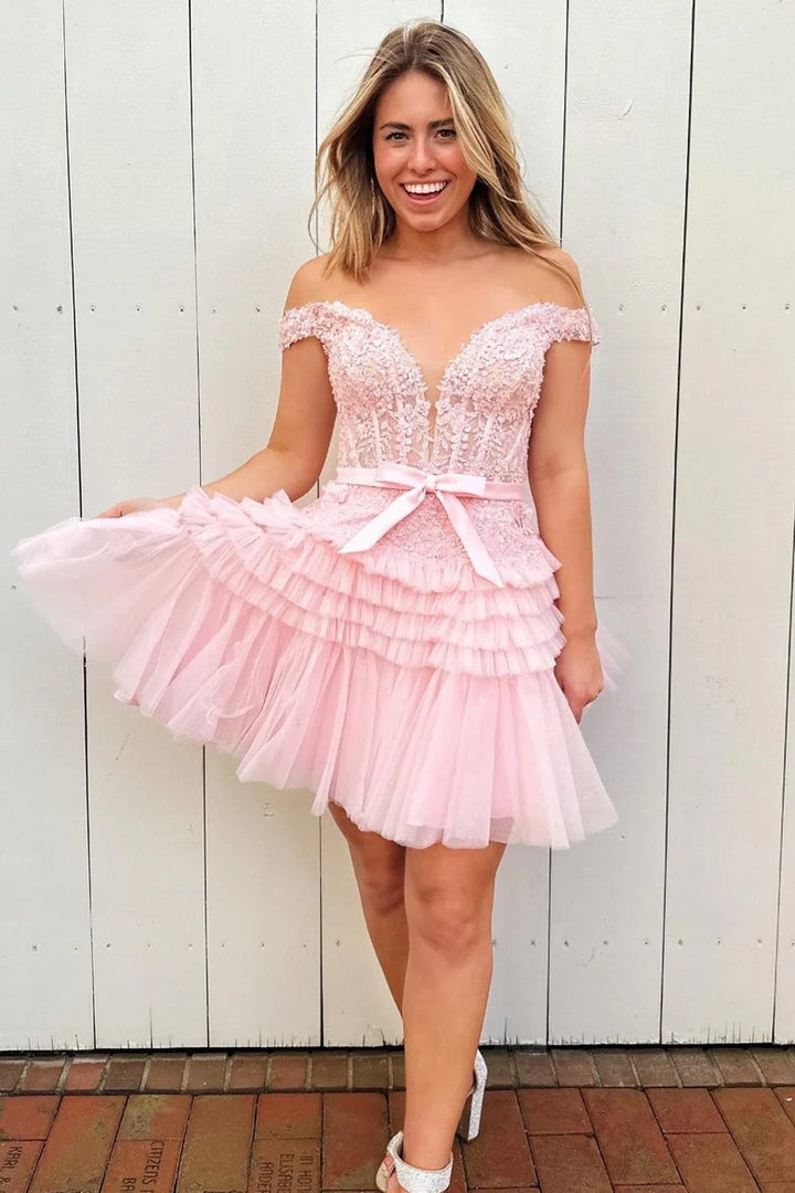Lumidress Hot Pink Off-the-Shoulder Lace Appliqued Short Homecoming Dress
