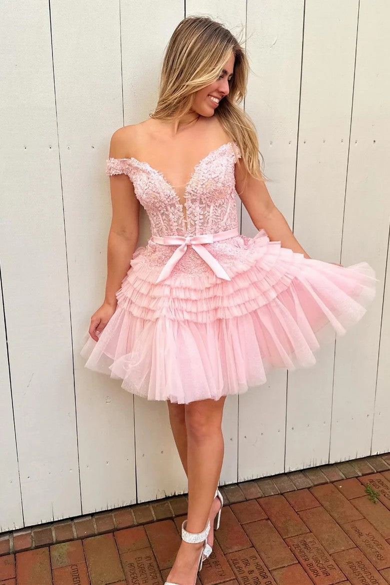 Lumidress Hot Pink Off-the-Shoulder Lace Appliqued Short Homecoming Dress