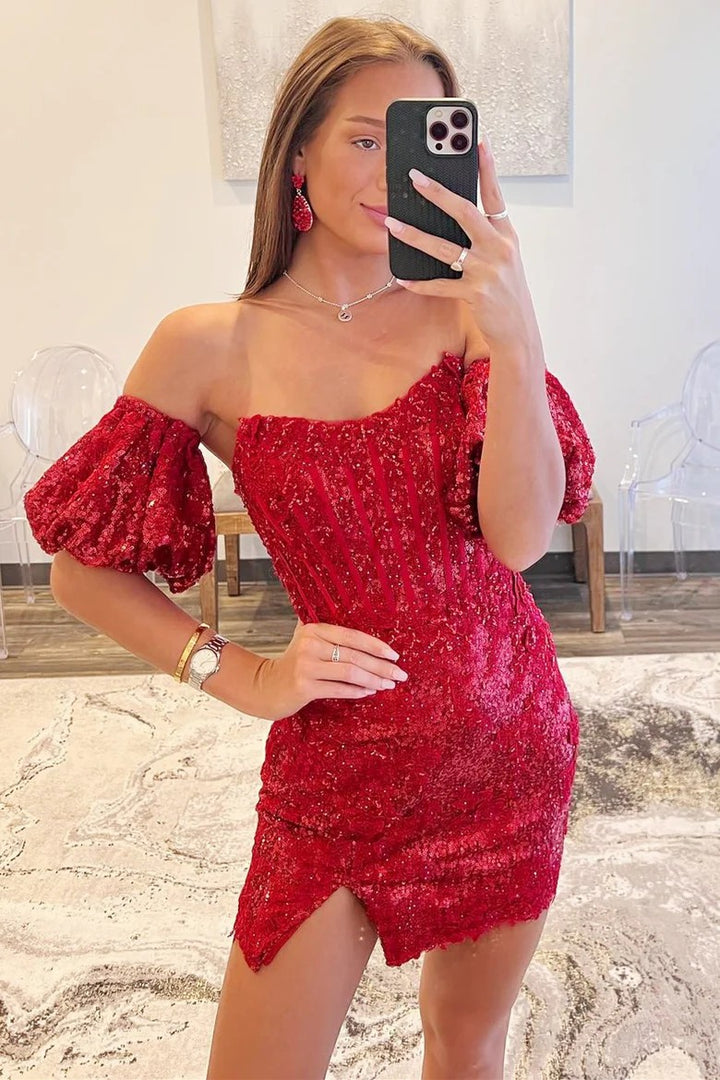 Lumidress Sparkling Sequin Lace Strapless Mini Dress with Puff Sleeves