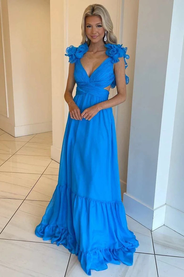 Lumidress V-Neck Ruffled Long Prom&Evening Dress with 3D Floral Shoulders