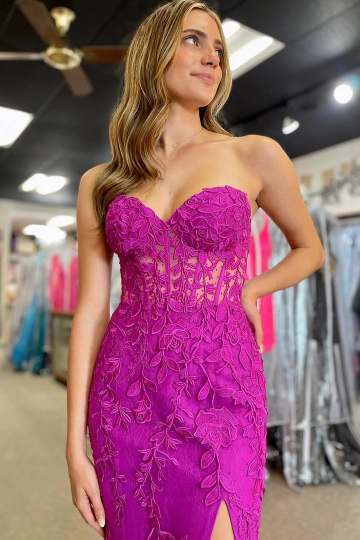 Lumidress Elegant Mermaid Strapless Prom Dress with Lace Appliques and Slit