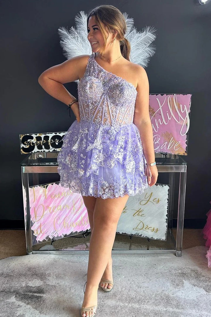 Lumidress One-Shoulder Sequin Embroidered Tiered A-Line Homecoming Dress