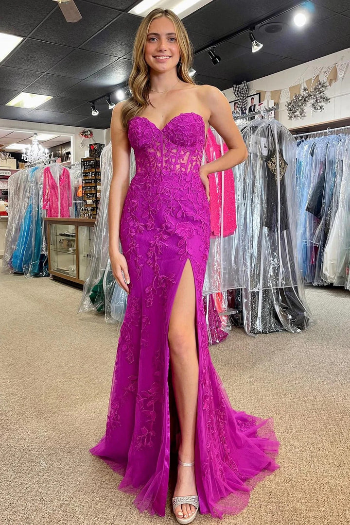 Lumidress Elegant Mermaid Strapless Prom Dress with Lace Appliques and Slit