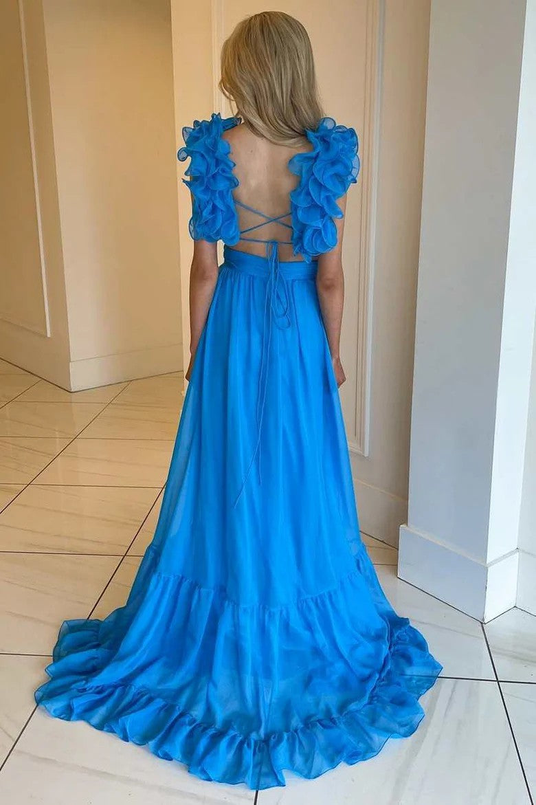 Lumidress V-Neck Ruffled Long Prom&Evening Dress with 3D Floral Shoulders