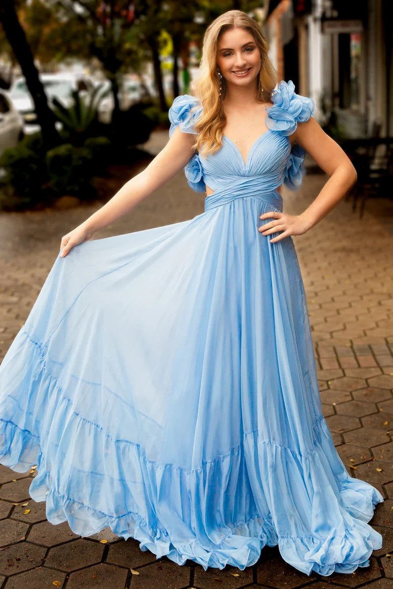 Lumidress V-Neck Ruffled Long Prom&Evening Dress with 3D Floral Shoulders